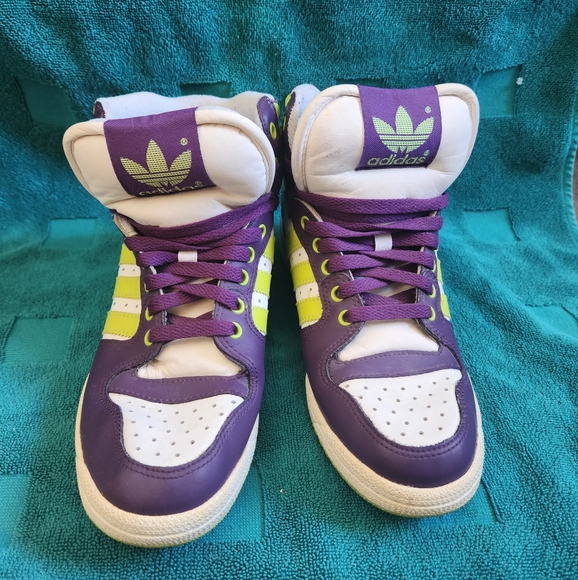 Dope Now n Later Candy Purple and Lime Green hi-top Adidas women's sz 8 - Picture 2 of 7